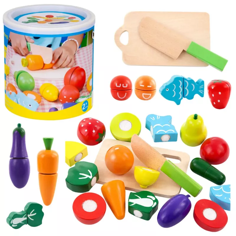 LEAN TOYS Set de cortar verduras y frutas en cubo con tabla, cuchillo, madera