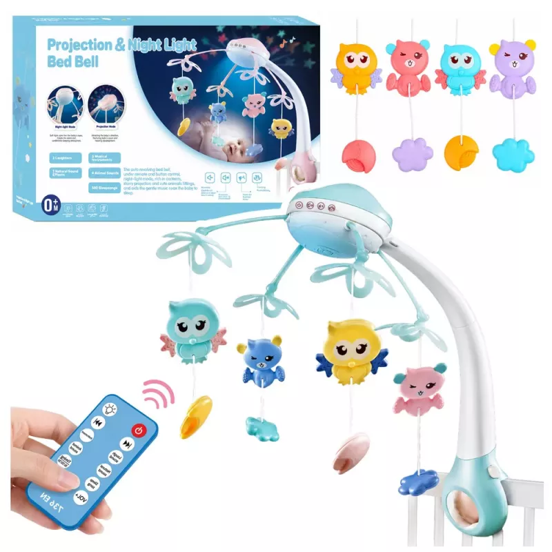 LEAN TOYS Carrusel de cuna proyector con mando a distancia, melodías y sonidos de animales azul