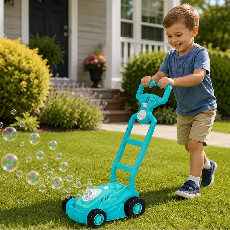 LEAN TOYS Máquina de pompas cortacésped con asa azul