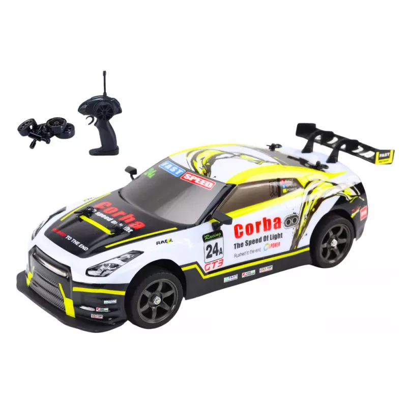 LEAN TOYS Coche deportivo RC 1:16 drift ruedas intercambiables blanco y amarillo