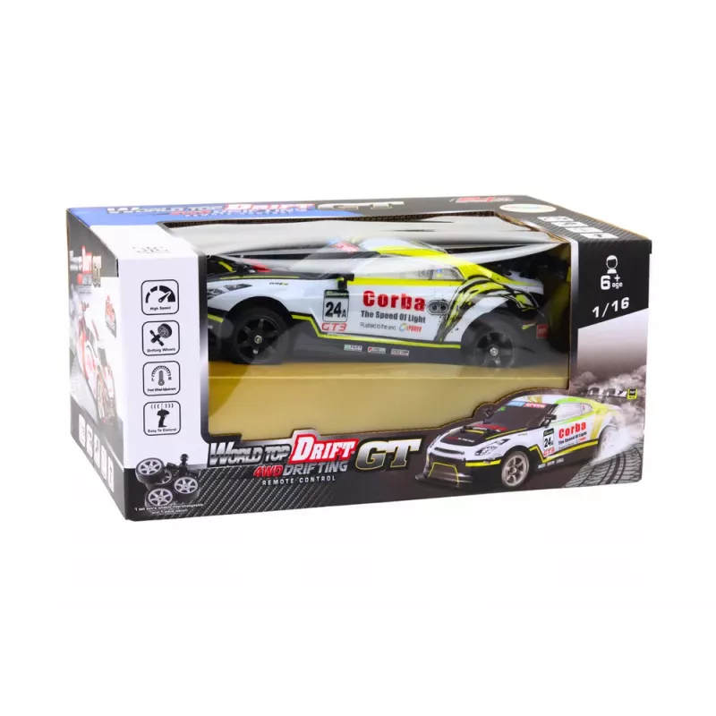 LEAN TOYS Coche deportivo RC 1:16 drift ruedas intercambiables blanco y amarillo