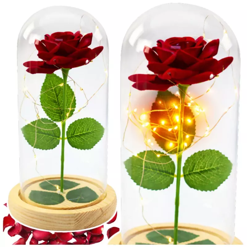 LEAN Rosa eterna en cúpula de cristal con iluminación LED roja 21x11cm