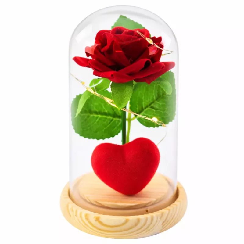 LEAN Rosa eterna en cúpula con iluminación LED roja con corazón 14x8cm