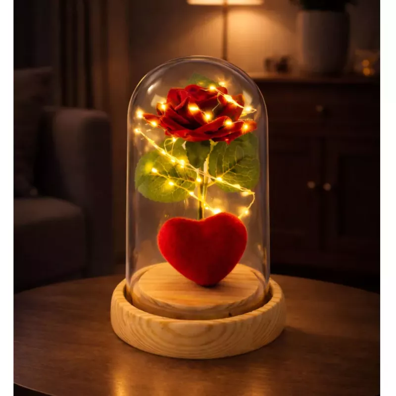 LEAN Rosa eterna en cúpula con iluminación LED roja con corazón 14x8cm