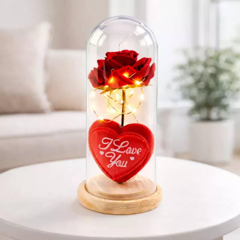 LEAN Rosa eterna en cúpula con iluminación LED roja con corazón 18,5x8 cm