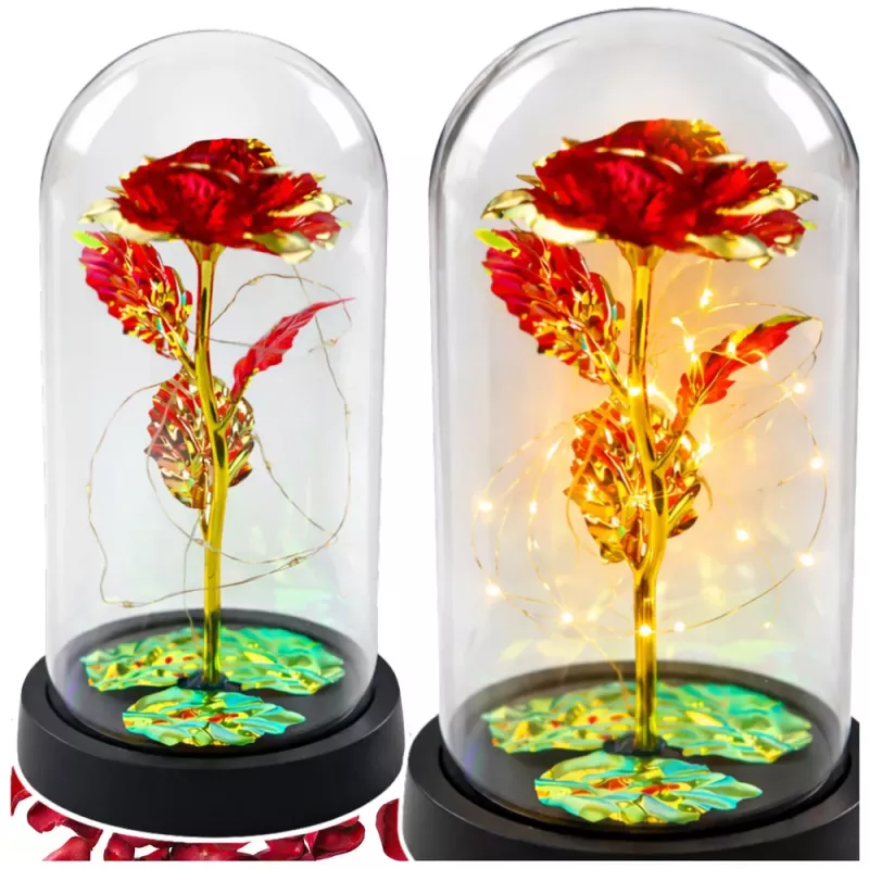 LEAN Rosa eterna de cristal en cúpula con iluminación LED roja 21x11cm
