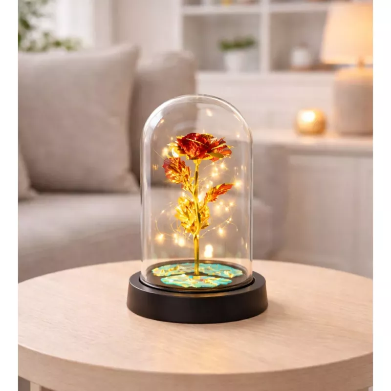 LEAN Rosa eterna de cristal en cúpula con iluminación LED roja 21x11cm