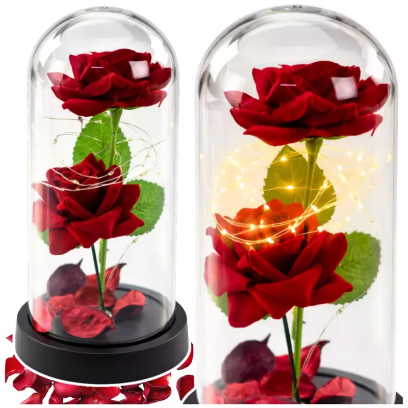 LEAN 2 rosas eternas en cúpula con iluminación LED y pétalos de rosa rojas 21x11cm