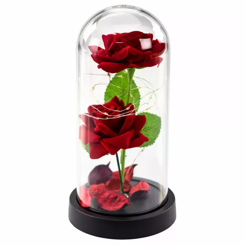 LEAN 2 rosas eternas en cúpula con iluminación LED y pétalos de rosa rojas 21x11cm