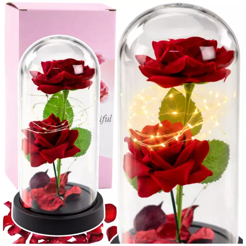 LEAN 2 rosas eternas en cúpula con iluminación LED y pétalos de rosa rojas 21x11cm