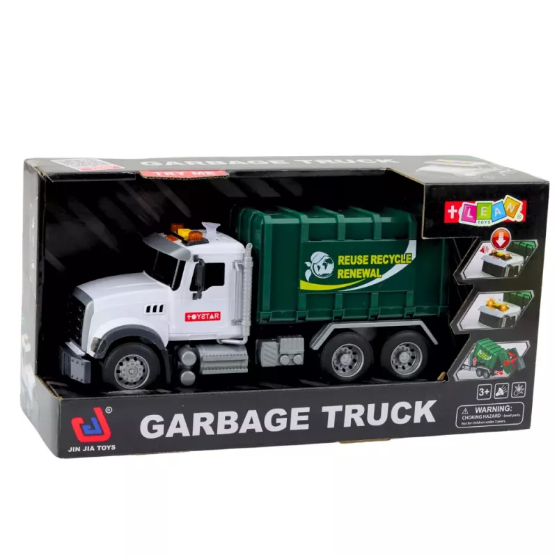 LEAN TOYS Camión de basura con contenedores, luz y sonido, verde, escala 1:14
