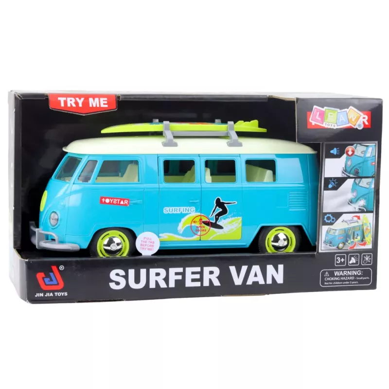 LEAN TOYS Furgoneta surfera con tabla de surf, luz y sonido, turquesa