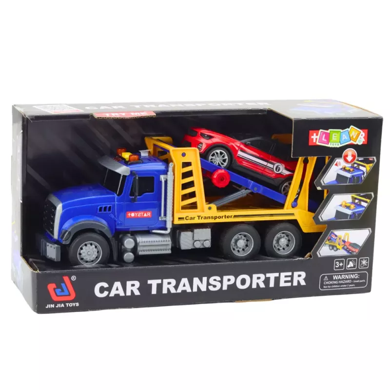 LEAN TOYS Set camión portacoches con luz y sonido, 4 coches de juguete