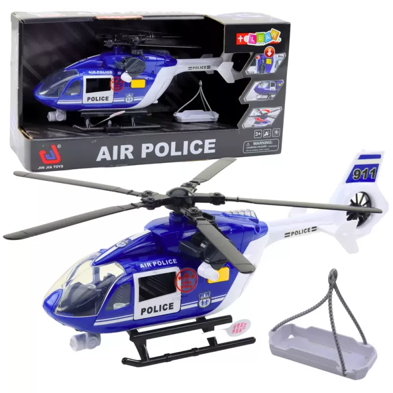 LEAN TOYS Helicóptero de policía con gancho, camilla, luces y sonidos, escala 1:14