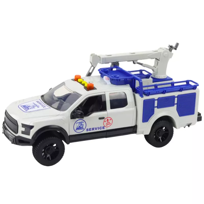 LEAN TOYS Camión de servicio con grúa, luces y sonido, blanco, 1:12