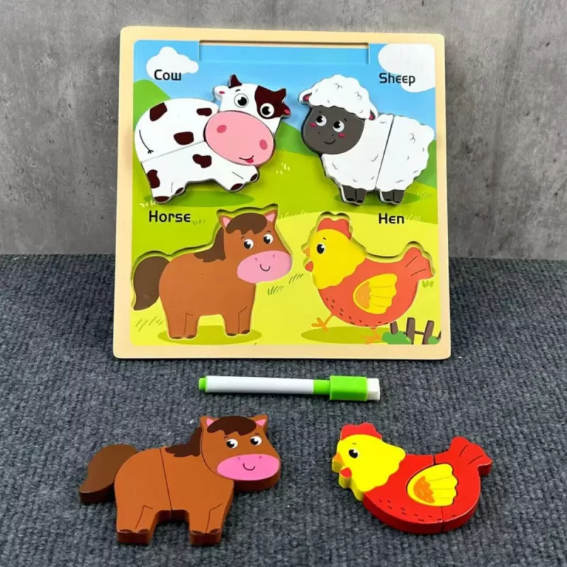 LEAN TOYS Tablero puzzle 2en1 de madera educativo mascotas rotulador