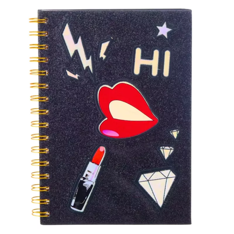 LEAN Cuaderno rayado con parches Labios Pintalabios Purpurina Negro A5 80 hojas