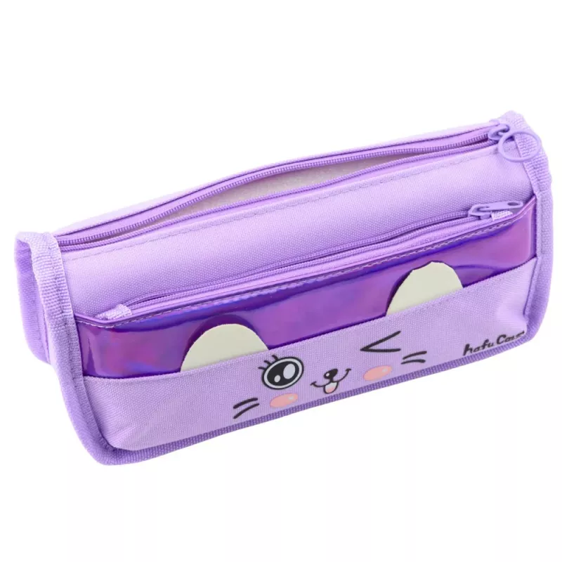 LEAN Estuche escolar dos compartimentos Motivo Gato Morado 22cm