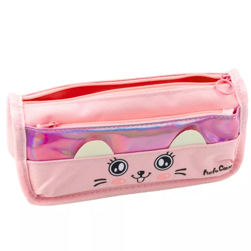 LEAN Estuche escolar con gato dos compartimentos Rosa 21.5cm