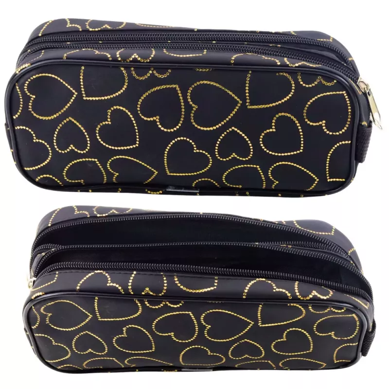 LEAN Estuche escolar de oficina, dos compartimentos, Golden Hearts, Negro, 23.5x10 cm