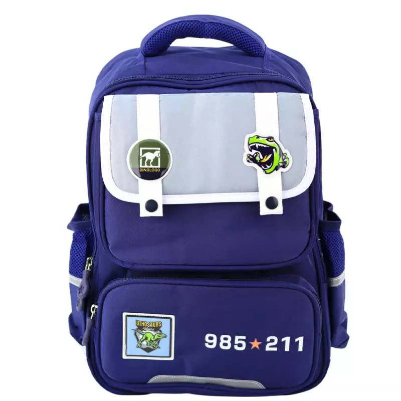 LEAN Mochila escolar con parches de dinosaurios y correa pectoral, Azul marino, 39x27x15 cm