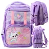 Mochila escolar LEAN con gato blanco y correa de pecho, morado, 20L