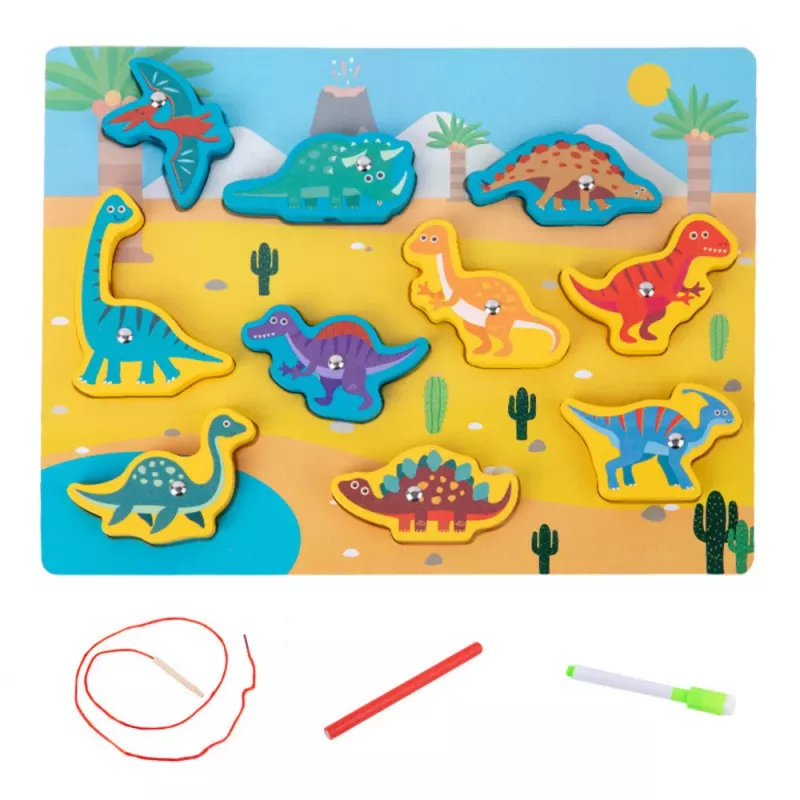 LEAN TOYS Puzzle de madera imanes enhebrado dinosaurio