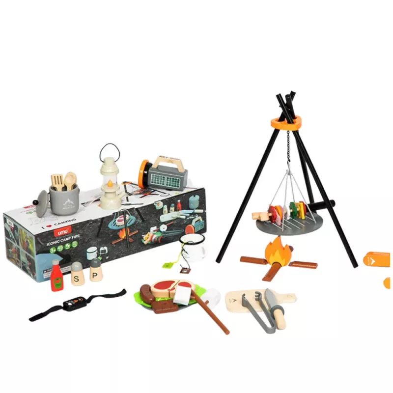 LEAN TOYS Set de camping accesorios de hoguera de madera 45 piezas