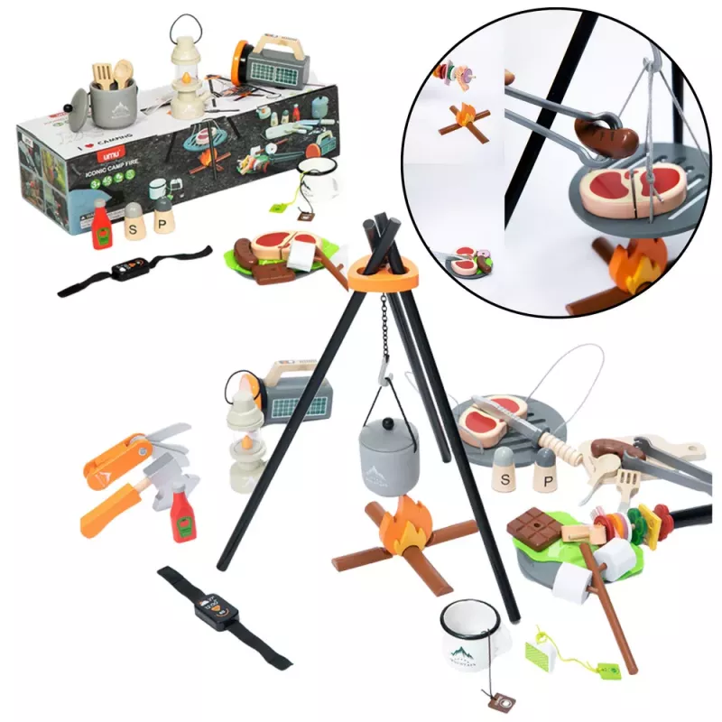 LEAN TOYS Set de camping accesorios de hoguera de madera 45 piezas