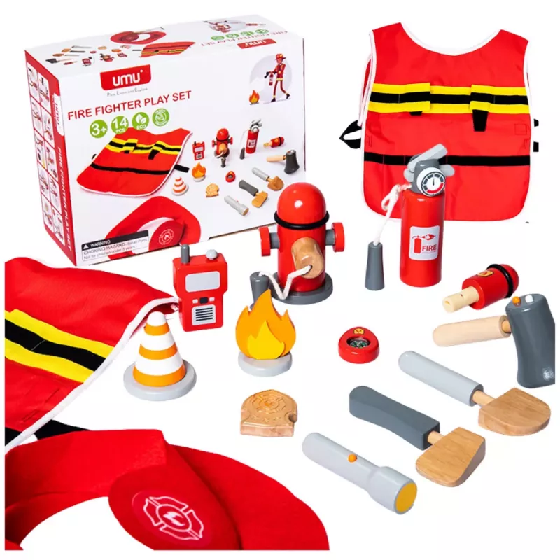 LEAN TOYS Set de disfraz de bombero accesorios de bombero madera 14 piezas