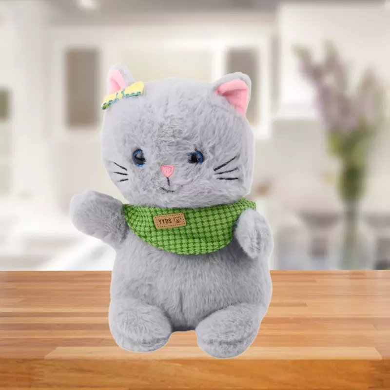 LEAN TOYS Mascota de peluche gato gris verde bufanda lazo 22cm