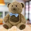 LEAN TOYS Peluche oso de peluche con pajarita azul, marrón claro, 30 cm