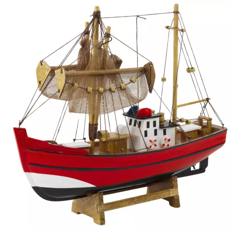 LEAN TOYS Modelo decorativo de colección barco pesquero rojo 30x26cm