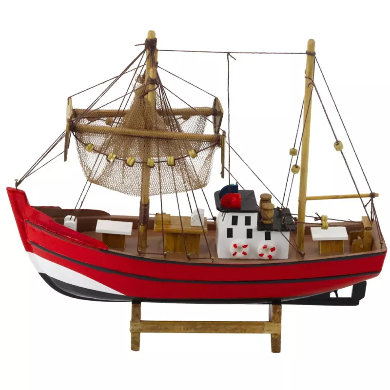 LEAN TOYS Modelo decorativo de colección barco pesquero rojo 30x26cm