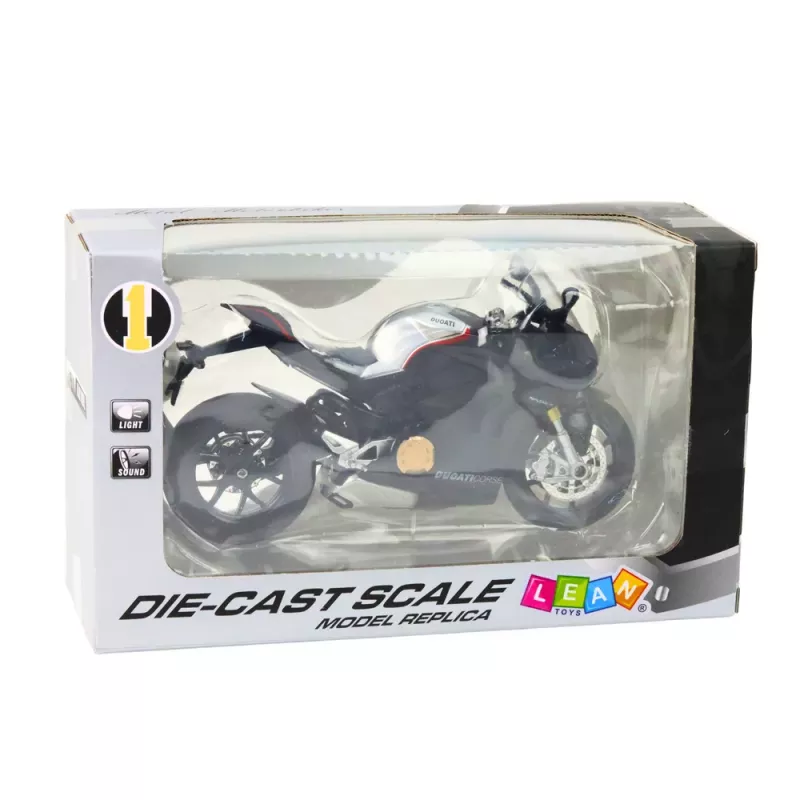 LEAN TOYS Moto deportiva metal luz sonido elementos plateados Negro V4 1:12