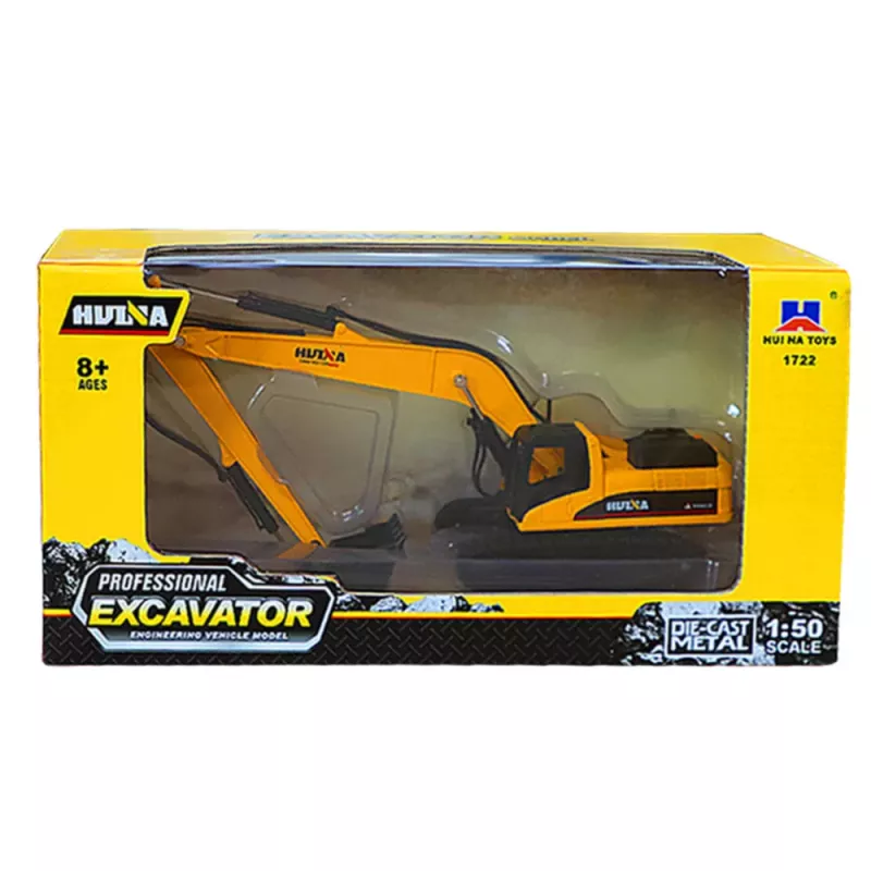 Huina excavadora oruga de metal con brazo móvil amarilla 1:50