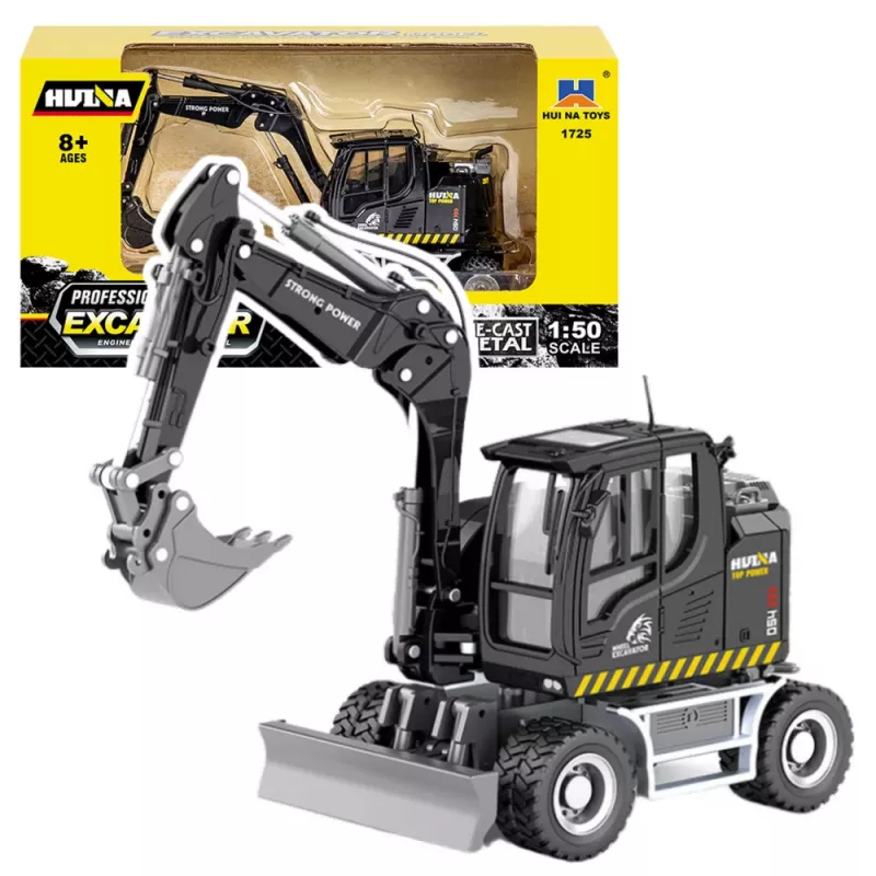 Excavadora de ruedas con bulldozer de metal Huina negro 1:50