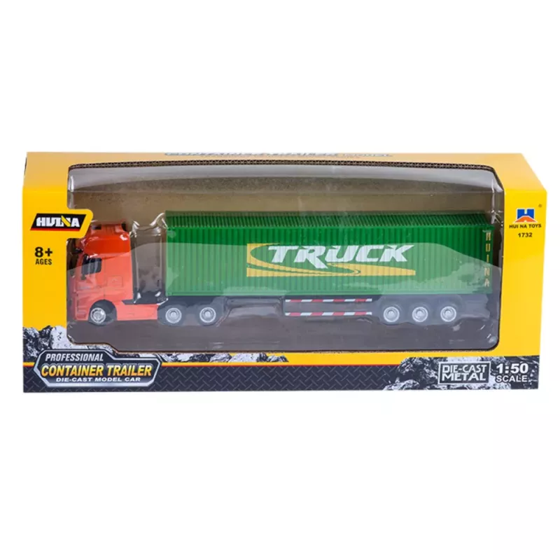 Huina 1:50 camión contenedor con semirremolque verde modelo de metal fundido