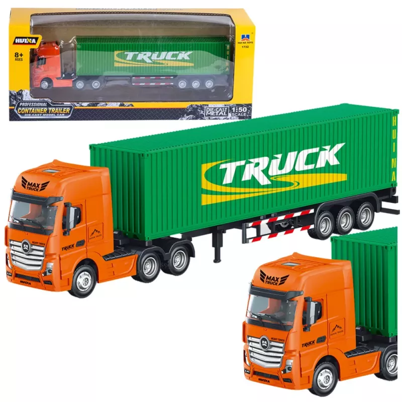 Huina 1:50 camión contenedor con semirremolque verde modelo de metal fundido