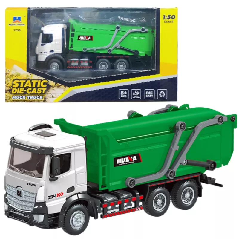 Huina 1:50 camión de basura de fundición verde modelo de aleación de metal
