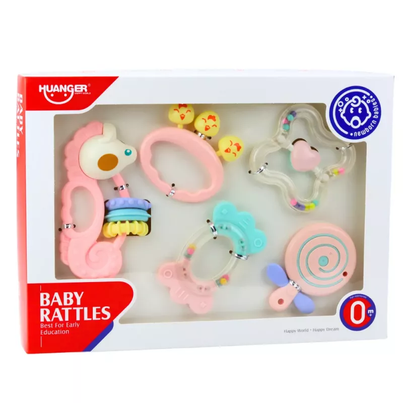 LEAN TOYS set de sonajeros y mordedores sensoriales para bebés rosa 5 piezas