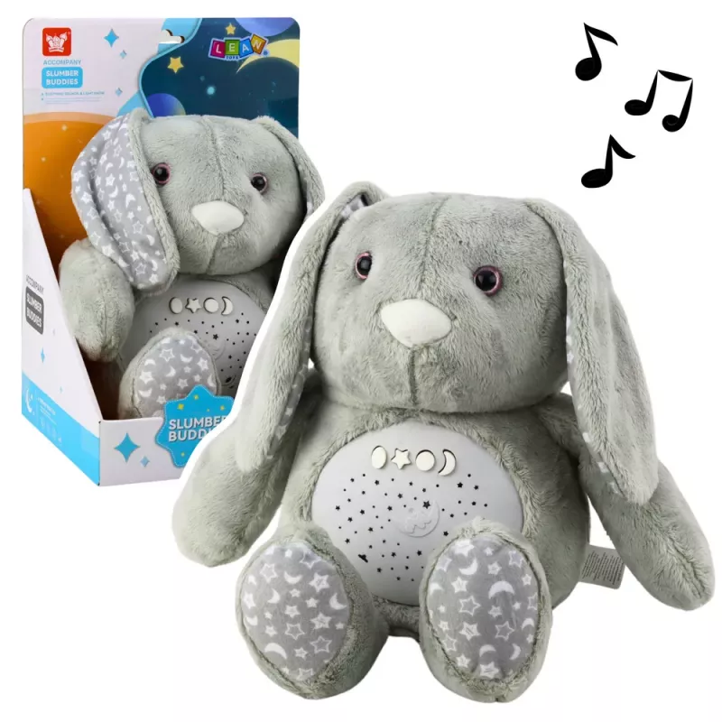 LEAN TOYS Conejo de peluche para dormir con proyector, sonido y sensor de vino - gris