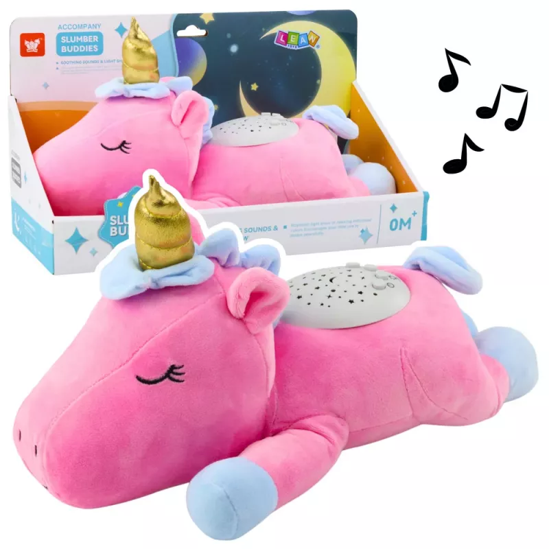 LEAN TOYS Unicornio de peluche para dormir con proyector, sonido y luz, rosa