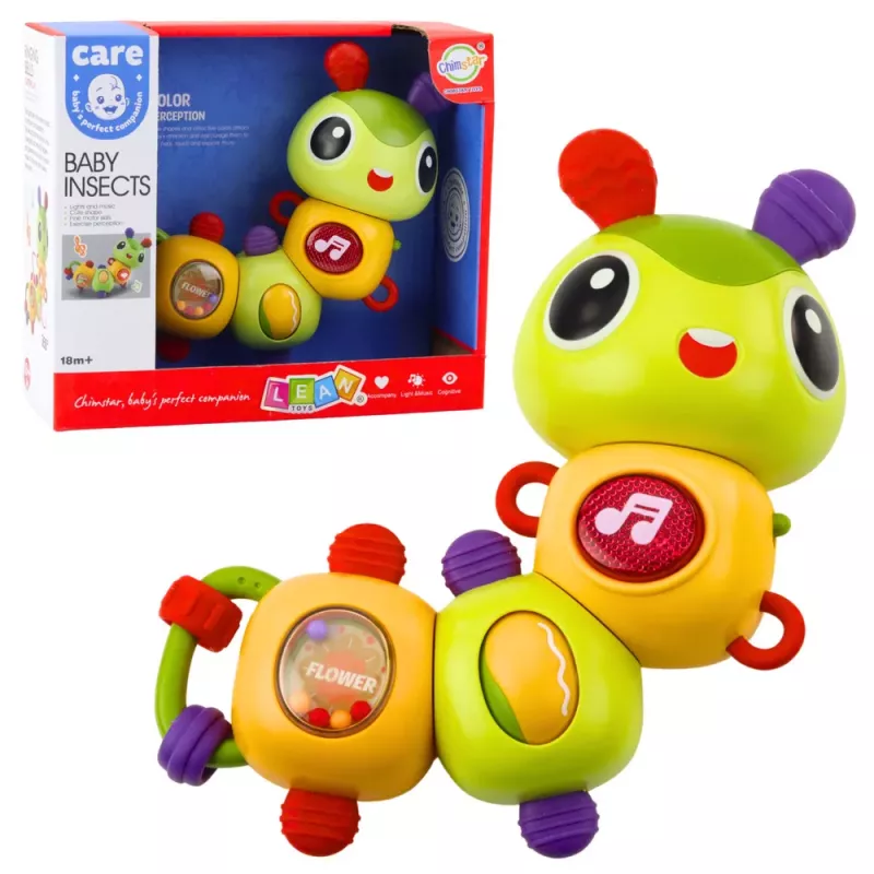 LEAN TOYS Oruga sensorial interactiva con sonajero musical y mordedor, giratoria 360°