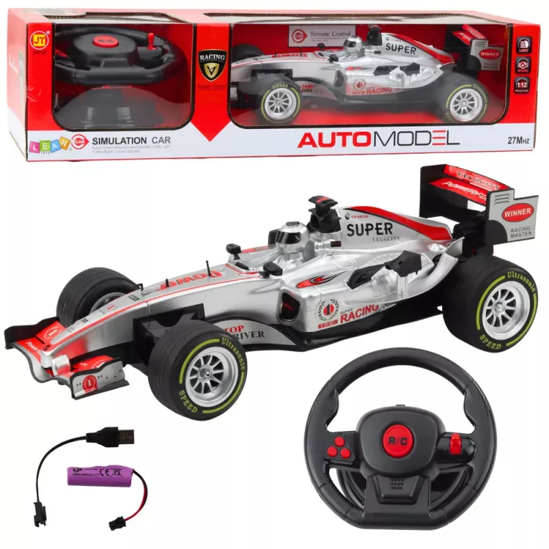 LEAN TOYS Coche de carreras RC con mando a distancia con volante, luces y sonidos 1:12 plata