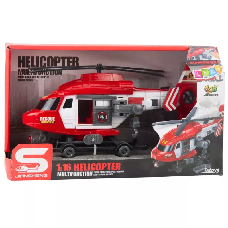 LEAN TOYS Helicóptero de rescate con gancho, camilla, luz y sonido, rojo, escala 1:16