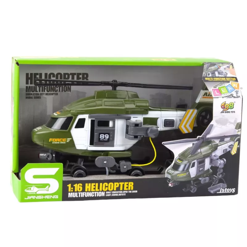 LEAN TOYS Helicóptero militar con gancho y camilla, luz y sonido, caqui, escala 1:16