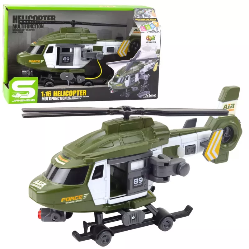 LEAN TOYS Helicóptero militar con gancho y camilla, luz y sonido, caqui, escala 1:16
