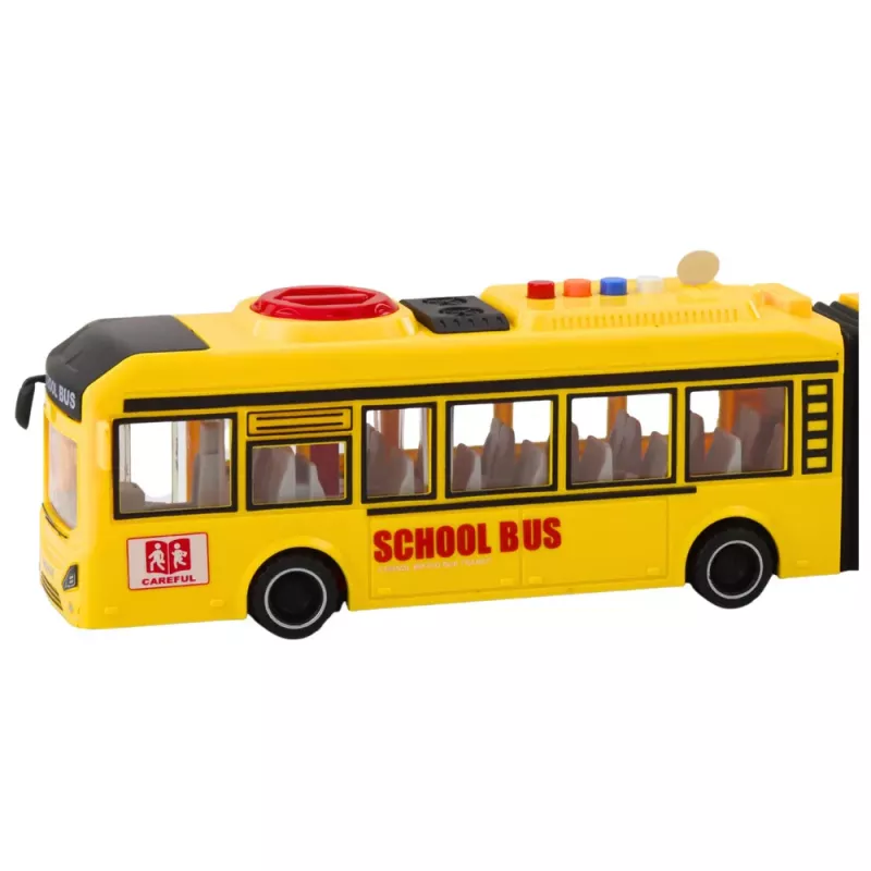 LEAN TOYS Autobús escolar articulado con puertas que se abren, luces, sonidos, amarillo, escala 1:16
