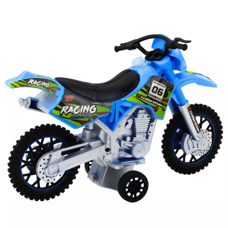 LEAN TOYS Moto de juguete motocross todoterreno con tracción, luces y sonidos azul escala 1:14